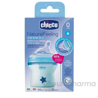 Chicco Бутылочка для кормления Natural Feeling силикон 150 ml 0м+, голубая