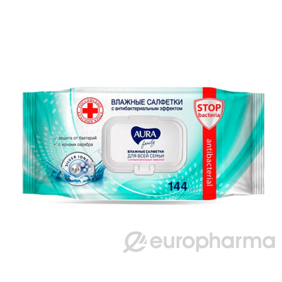 Aura FAMILY Влажные салфетки эффектом big-pack с крышкой антибактериальное 144 шт