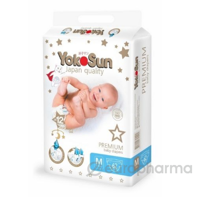 YokoSun подгузники Premium M для детей 5-10 кг п/эт пакет № 62 шт