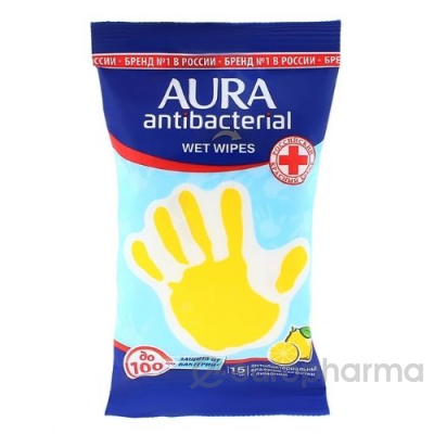 Aura Влажные салфетки Лимон антибактериальные 15 шт