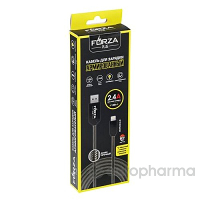 Forza кабель для зарядки армированный iP 1 м 2.4 А быстрая зарядка LED подсветка картон