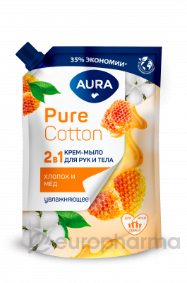 AURA Pure Cotton Крем-мыло 2в1 для рук и тела Хлопок и мёд дой-пак 450мл КК/12