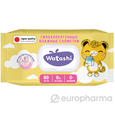 WATASHI Влажные салфетки для детей 0+ с Д-пантенолом big-pack с крышкой 80шт КК/12