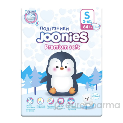 Joonies Подгузники Premium Soft, размер S (3-6 кг), 64 шт