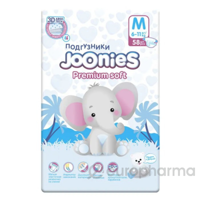 Joonies Подгузники Premium Soft, размер M (6-11 кг), 58 шт