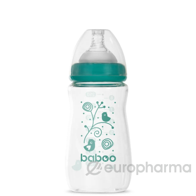 Baboo: Бутылочка стеклянная Anti-Colic широкое горлышко , силикон. 250мл. 3м+