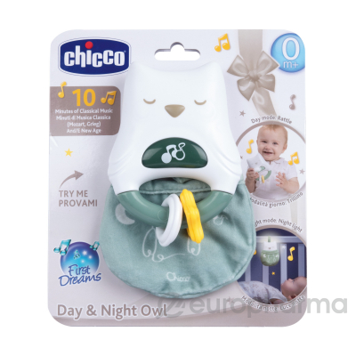 Chicco: Игрушка погремушка-ночник "Совенок" 2 в 1