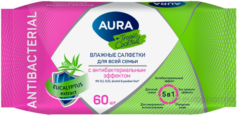 Салфетки влажные AURA №60, Tropic антибактер.