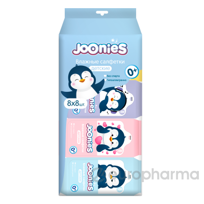 Joonies: Салфетки влажные детские мини 8х8 шт, 0м+